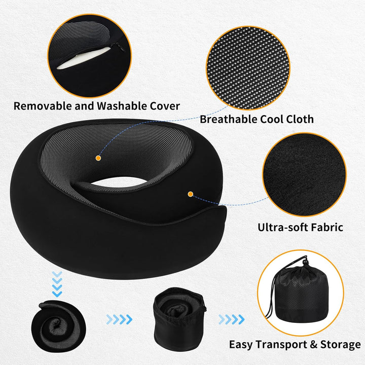 NNEDSZ Black Velcro Tape Memory Foam U-Shaped Neck Pillow – Snail Travel Cushion for Airplane, Office Nap, and Travel – Adjustable with Magnetic Therapy Cloth