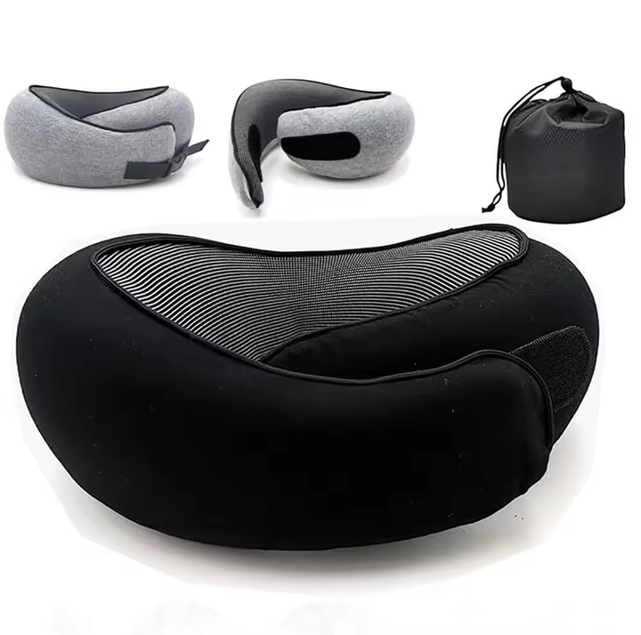 NNEDSZ Black Velcro Tape Memory Foam U-Shaped Neck Pillow – Snail Travel Cushion for Airplane, Office Nap, and Travel – Adjustable with Magnetic Therapy Cloth